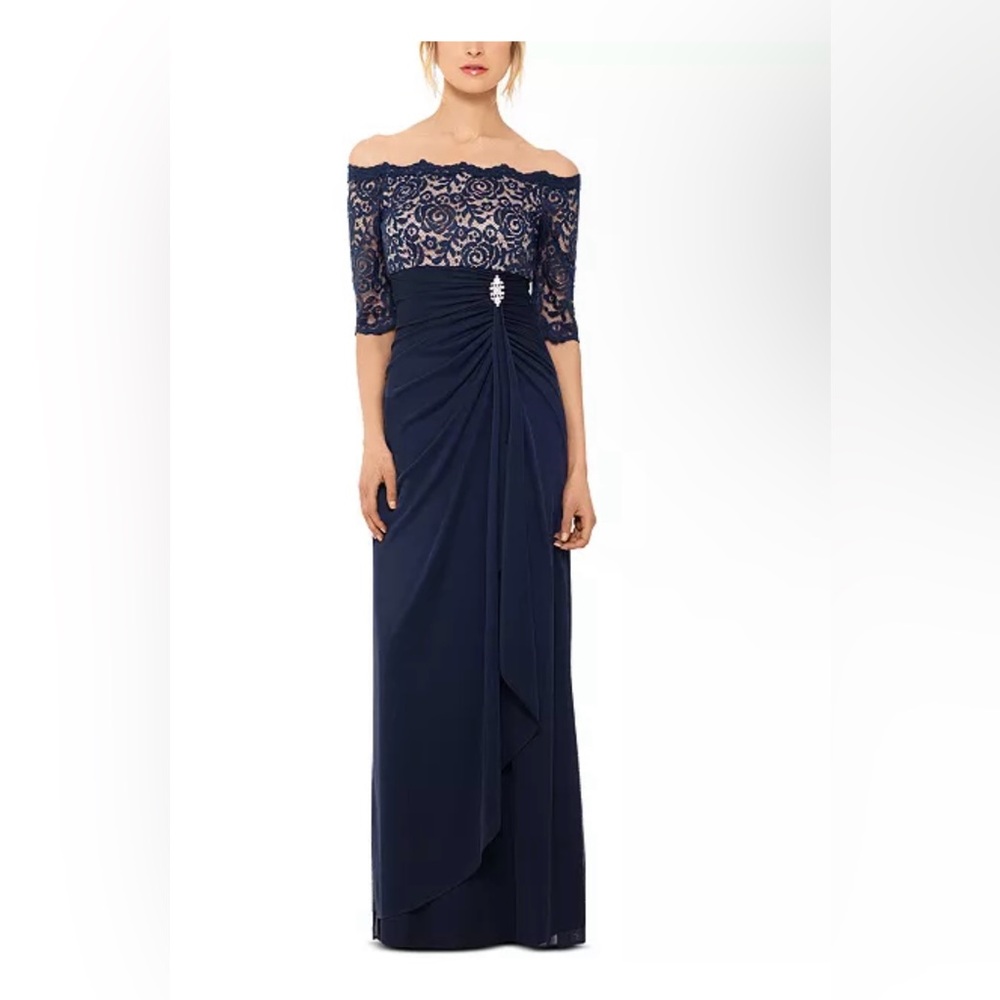 B&A by Betsy and Adam Women's Formal Off The Shoulder Evening Dress, Blue, 16